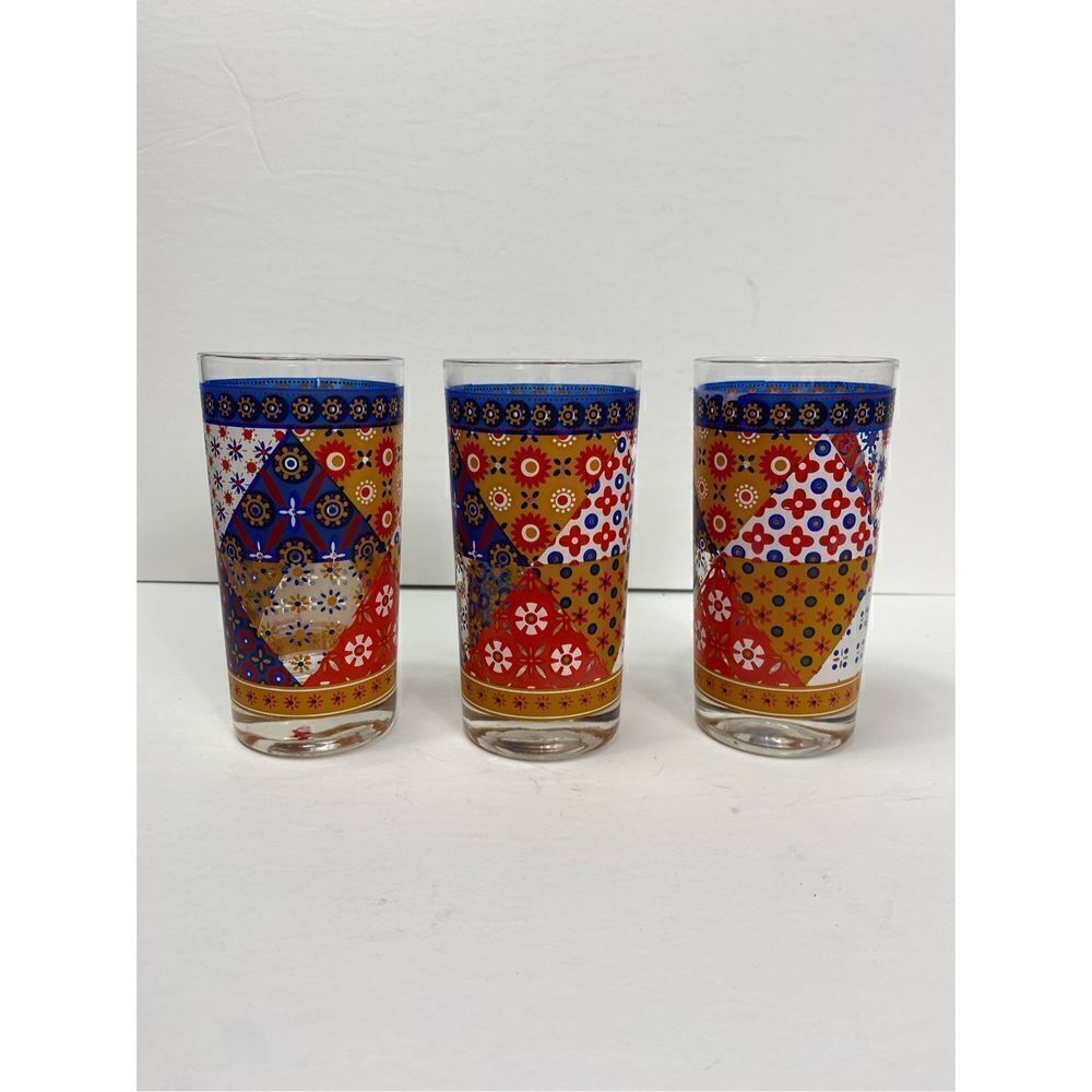 3 Vintage MCM Pasinski Washington Patchwork Design Drinking Glasses Boho